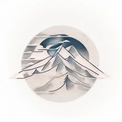 A Minimalist Tattoo Of A Mountain Range With A Coffee Cup And A Plane Silhouette In The Sky