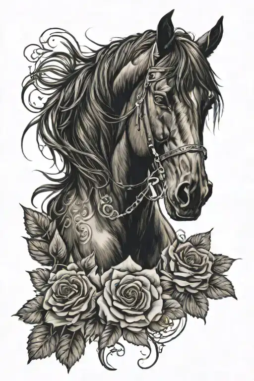 Friesian Horse And Roses