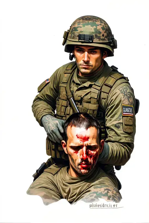Military Soldier Holding A Head Of A Killed Man