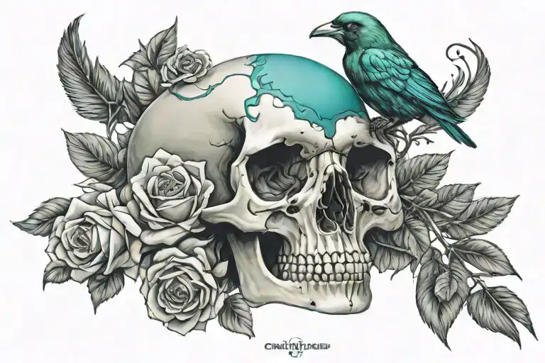 Realistic Gem Blue Green Raven Skull Rose