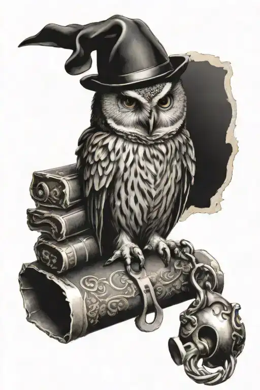 Owl Holding A Key And Scroll Wrapped