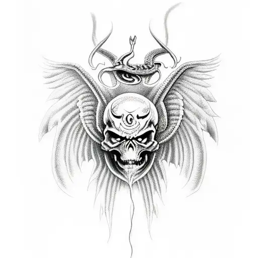 Demon Winged Skull With Snake Below And One Sword Through Both