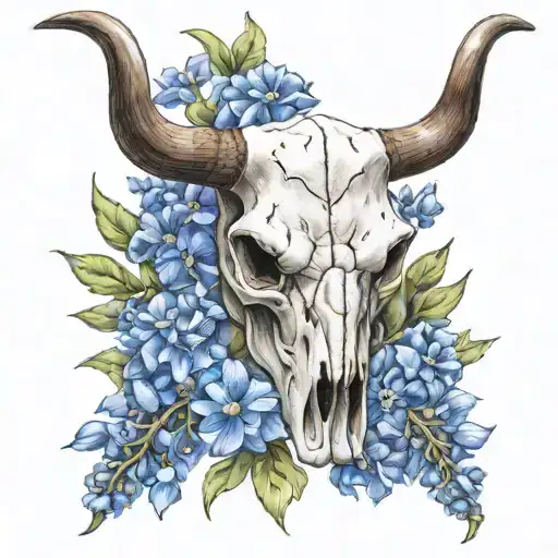 Long Horn Skull And Bluebonnets Field Cow Skull