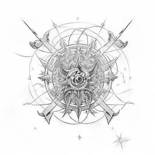 A Chaos Star With Beams Of Ak 47 Bullet And A Circle Of Barbed Wire