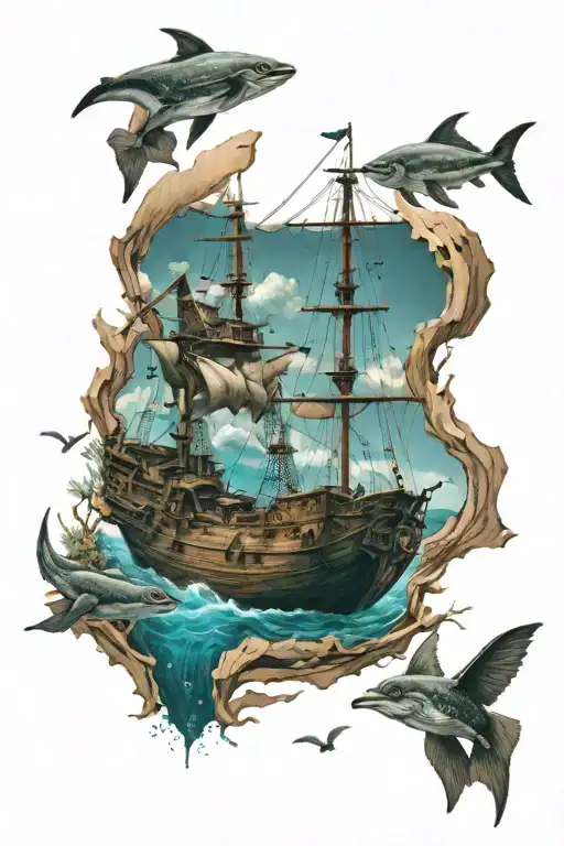 Wooden Ship Wreck With Marine Wildlife Swimming Around It And Marine Nature