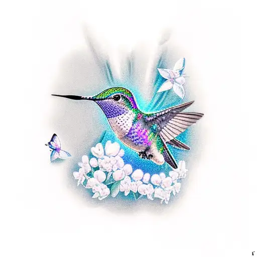 A Gray Hummingbird And A Blue Butterfly