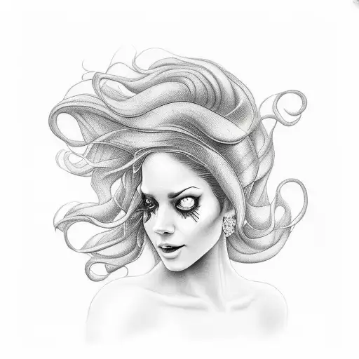 Woman With Flowing Hair In Yellow And Whit With The Words Happy Hour In The Background