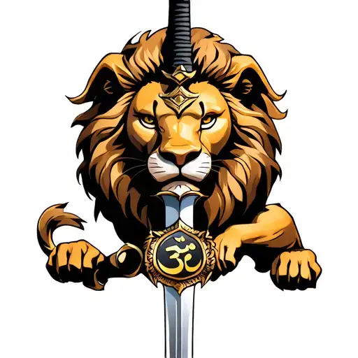 Lion Holding Sword With Aum Symbol In Center Of The Handle