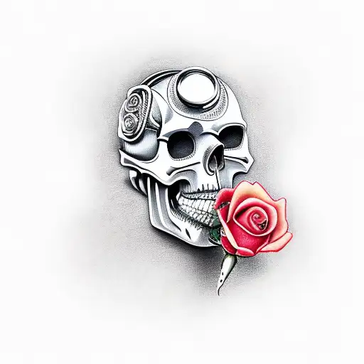 A Cyborg Skull With A Rose In Its Mouth