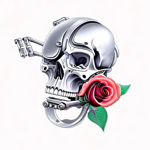 A Cyborg Skull With A Rose In Its Mouth