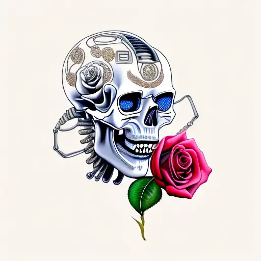 A Cyborg Skull With A Rose In Its Mouth