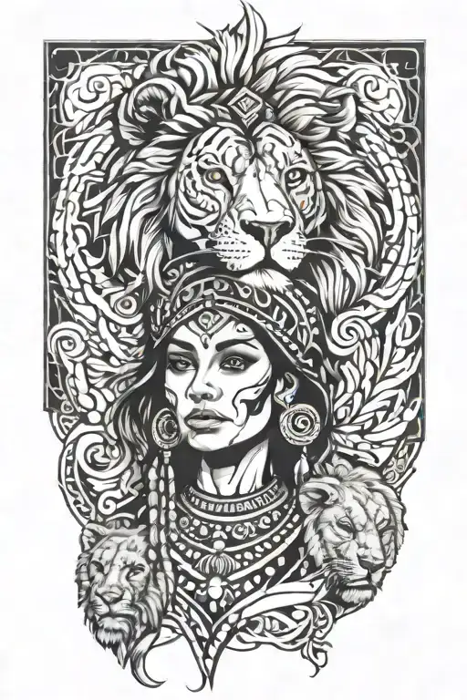 Tribal Woman With Lion Emerging From Face