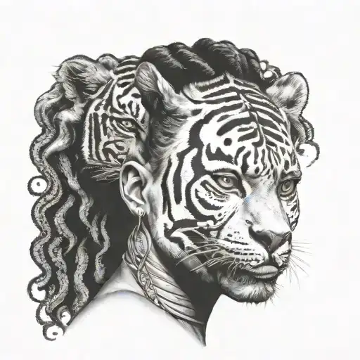 African Woman Face Split By Tiger Emerging