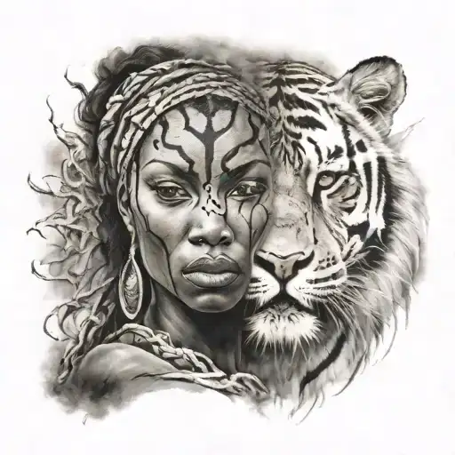 African Woman Face Split By Tiger Emerging Victoriously From The Ashes