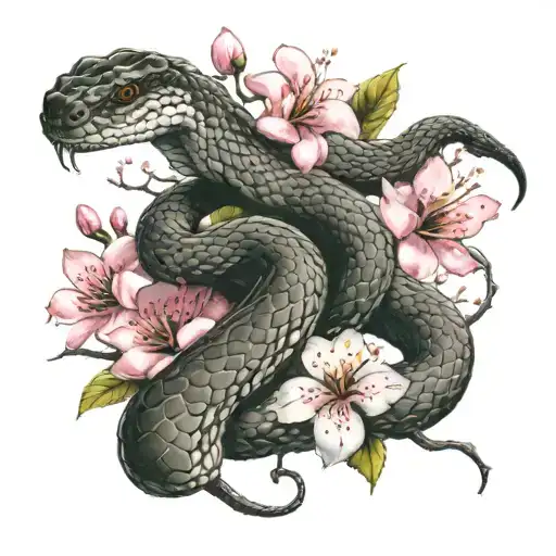 Snake And Cherry Blossom Flowers