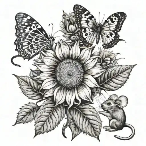 Mice And Sunflower Blooming