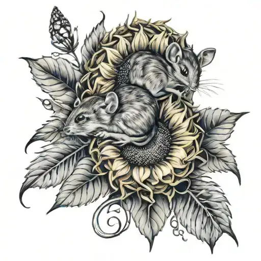 Mice Sleeping On Sunflower