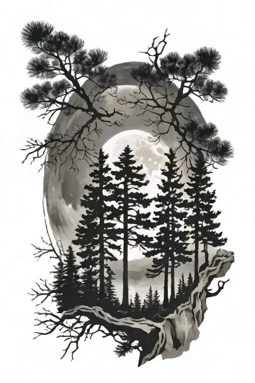 3 Pine Trees Under The Shadow Of The Full Moon Surrounded