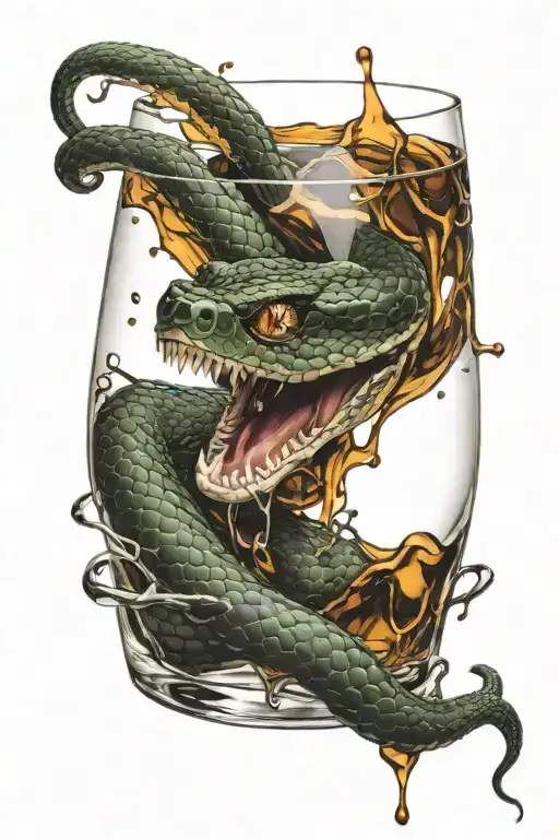 Face Of Snake Dripping Venom Into Whiskey Glass From Above