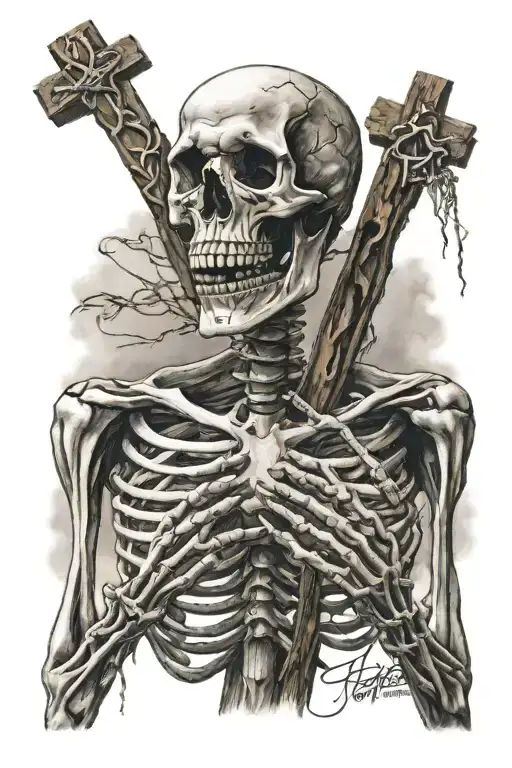 Skeleton Holding A Wooden Cross With Skeleton Hands