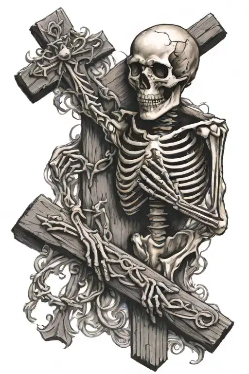 Skeleton Holding Wooden Cross
