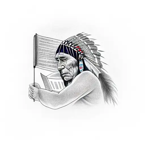 A Realistic Portrait Of A Native American Chief Reading A Book Under A Starry Sky