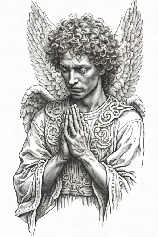 A Curly-haired Angel Praying With His Fingers Crossed And Eyes Closed