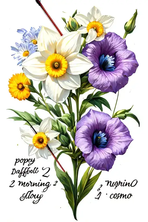 Realistic Daffodil 3 Poppy 2 Morning Glory 2 Daisies 1 Cosmo Tattoo With Bow And Arrow