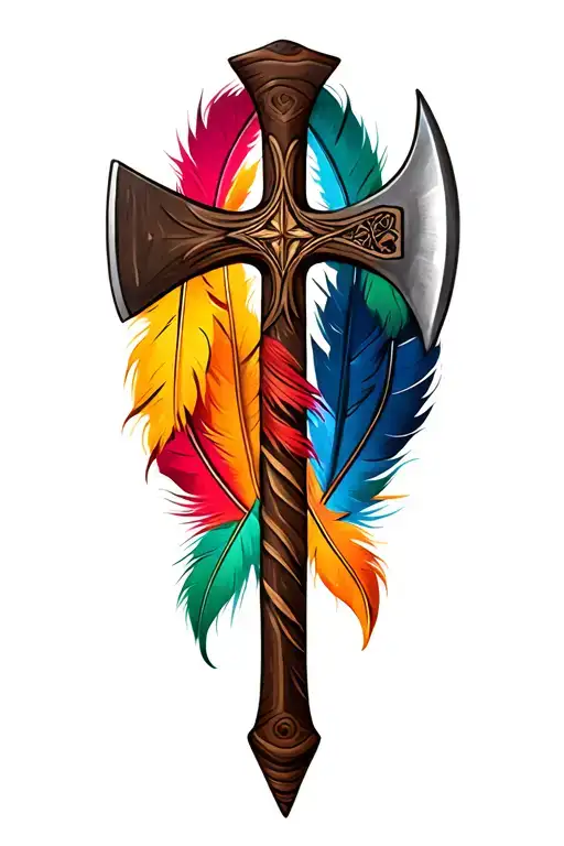 Half Cross Half Tomahawk Surrounded By Colorful Feathers