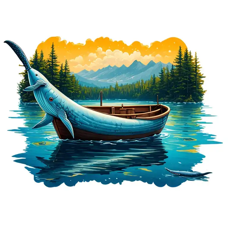 Little Boat On Water With Narwhal Swimming Next To It