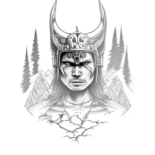 Warrior In The Filed With Background Mountains And Forest