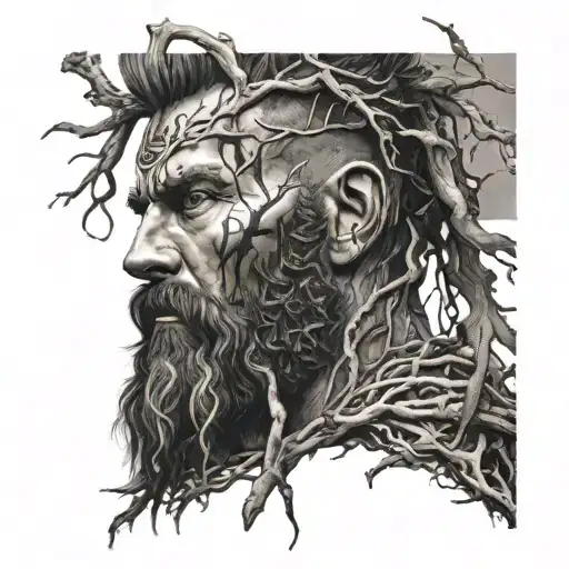 A Mighty Nature Warrior With A Beard Made Of Roots