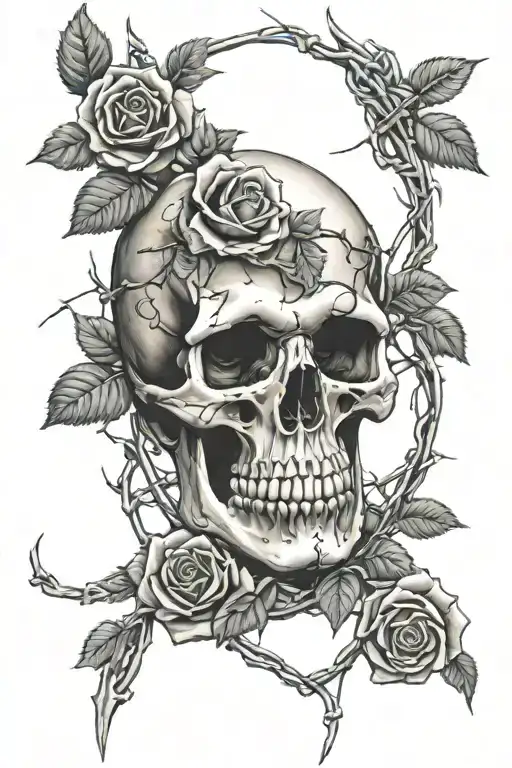 Skull And Roses With Barbed Wire Sleeve
