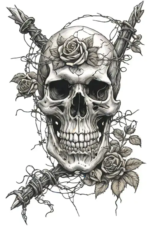 Skull And Roses With Barbed Wire Norse