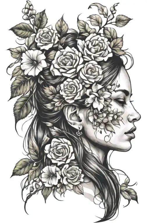 Sureealistic Womans Face With Long Hair Flowers And Other Nature Accents