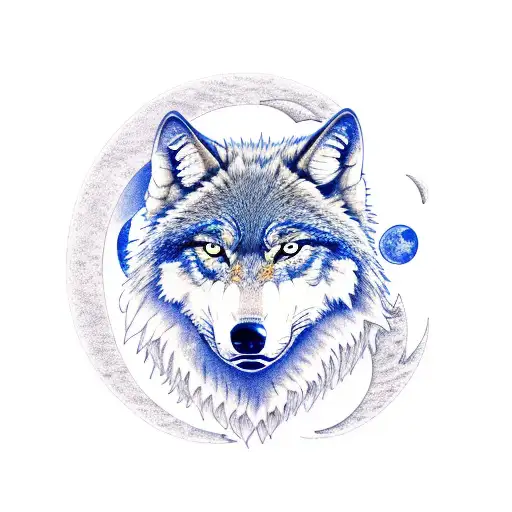 A Blue Wolf Surrounded By Moon Phases