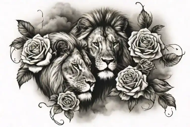 Two Lions With Roses And Cloud In Backgrounds