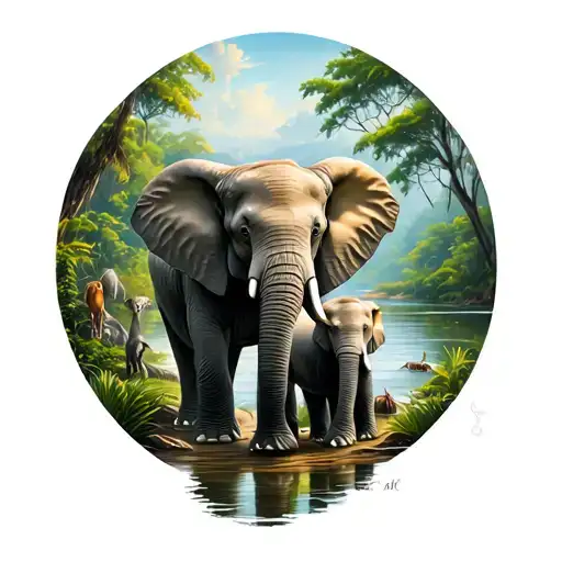 Realistic Mother And Son Elephant In The Jungle With A Lake And Other Animals In The Background
