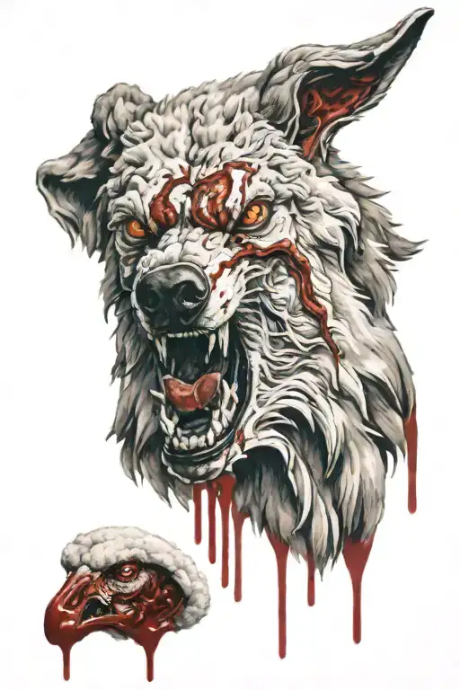 A Wolf With Red Eyes And Blood Dripping From Its Mouth In Sheeps Clothing