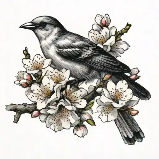 Cherry Blossoms And Bird Flying