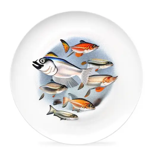 A Server Balancing A Platter Of Fish On One Hand With A Flock Of Seagulls Flying Above