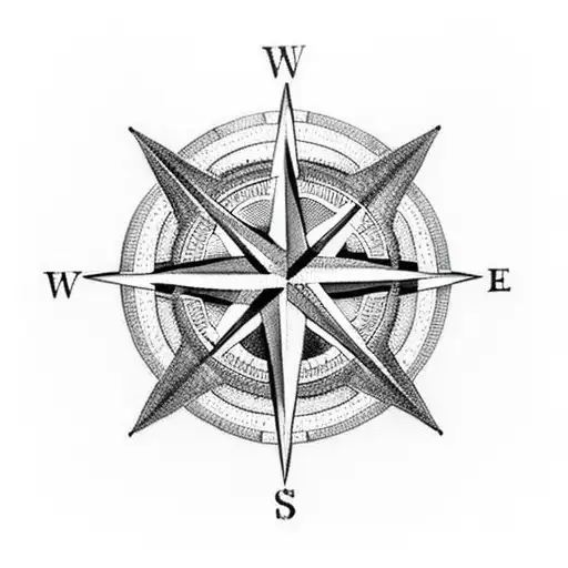 A Blackwork Tattoo Of A Compass With The Words 'Europe Bound' In Arabic Lettering