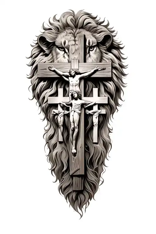 Three Crosses At Calvary With Big Lion Head Surrounded