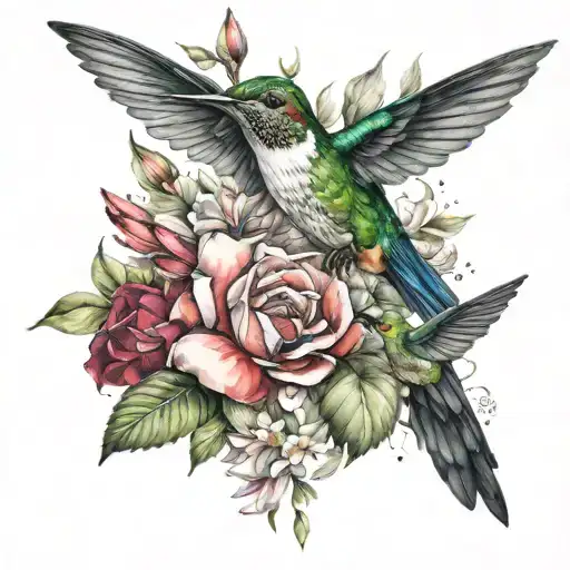 Watercolor Flower Bouquet Hummingbird Perched