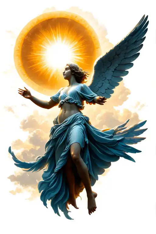 Angel Flying Up And Reaching Towards Shining Sun