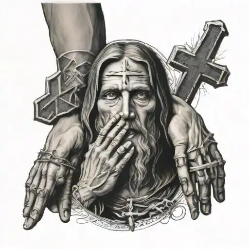 Three Crosses Whis Jesus Face Behind Pray Hands