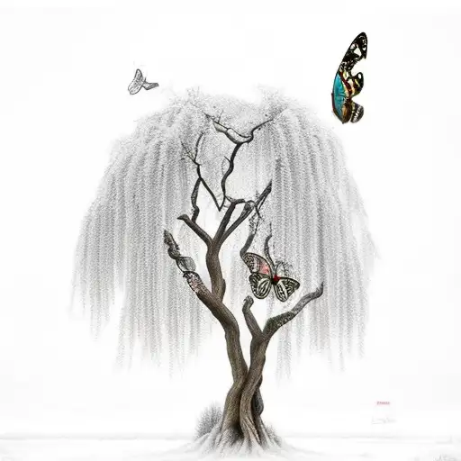 Weeping Willow Tree With Roman Clocks Butterfly's