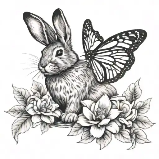Black And White Bunny Surrounded By Flowers And A Monarch Butterfly