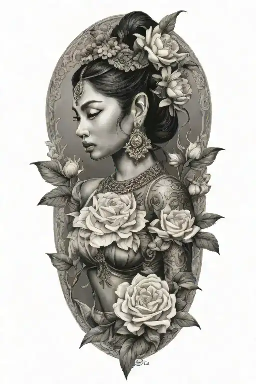 Khmer Apsara With Peonies And Roses