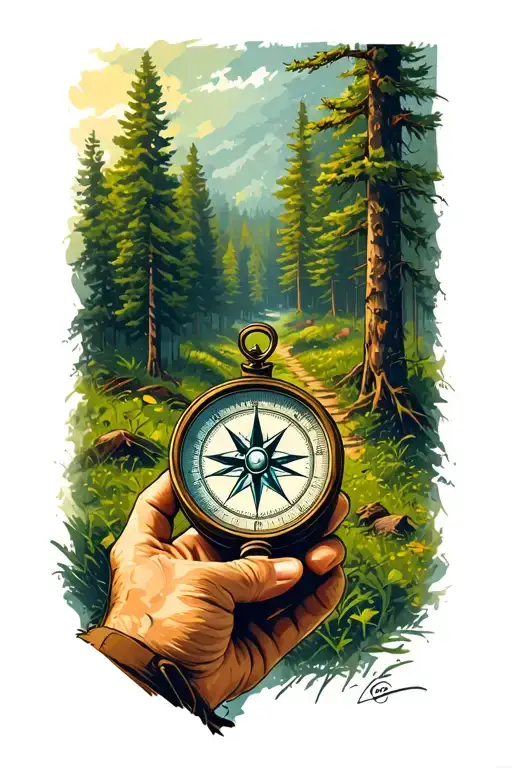 Hand Holding Compass Hiking Trail Winding Through A Forest